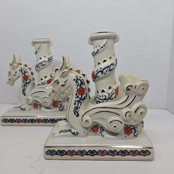 Vtg Franklin Mint The Imperial Dragons‎ of Heaven & Earth Dragon Candle Holders